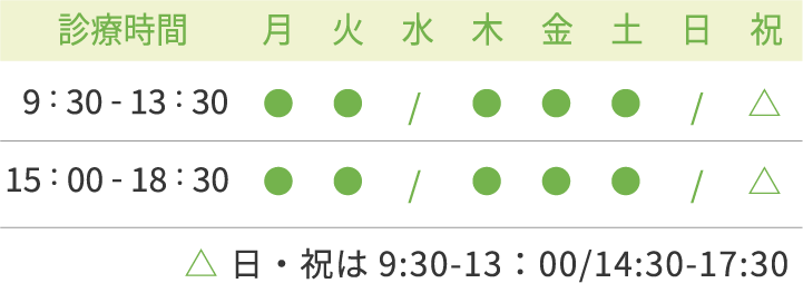 診療時間：月曜日、火曜日、木曜日、金曜日、土曜日、日曜日、祝日 9:30-13:00、14:30-19:00、水曜日休診
