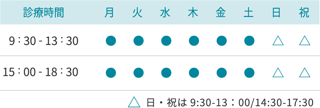 診療時間：月曜日、火曜日、木曜日、金曜日、土曜日、日曜日、祝日 9:30-13:00、14:30-19:00、水曜日休診