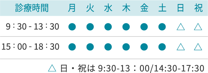 診療時間：月曜日、火曜日、木曜日、金曜日、土曜日、日曜日、祝日 9:30-13:00、14:30-19:00、水曜日休診